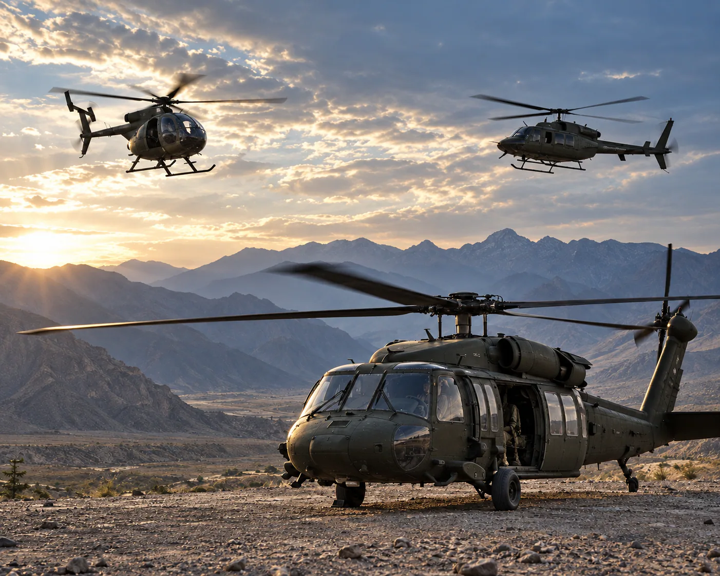 Three military helicopters in a mountainous landscape, one on the ground and two in flight